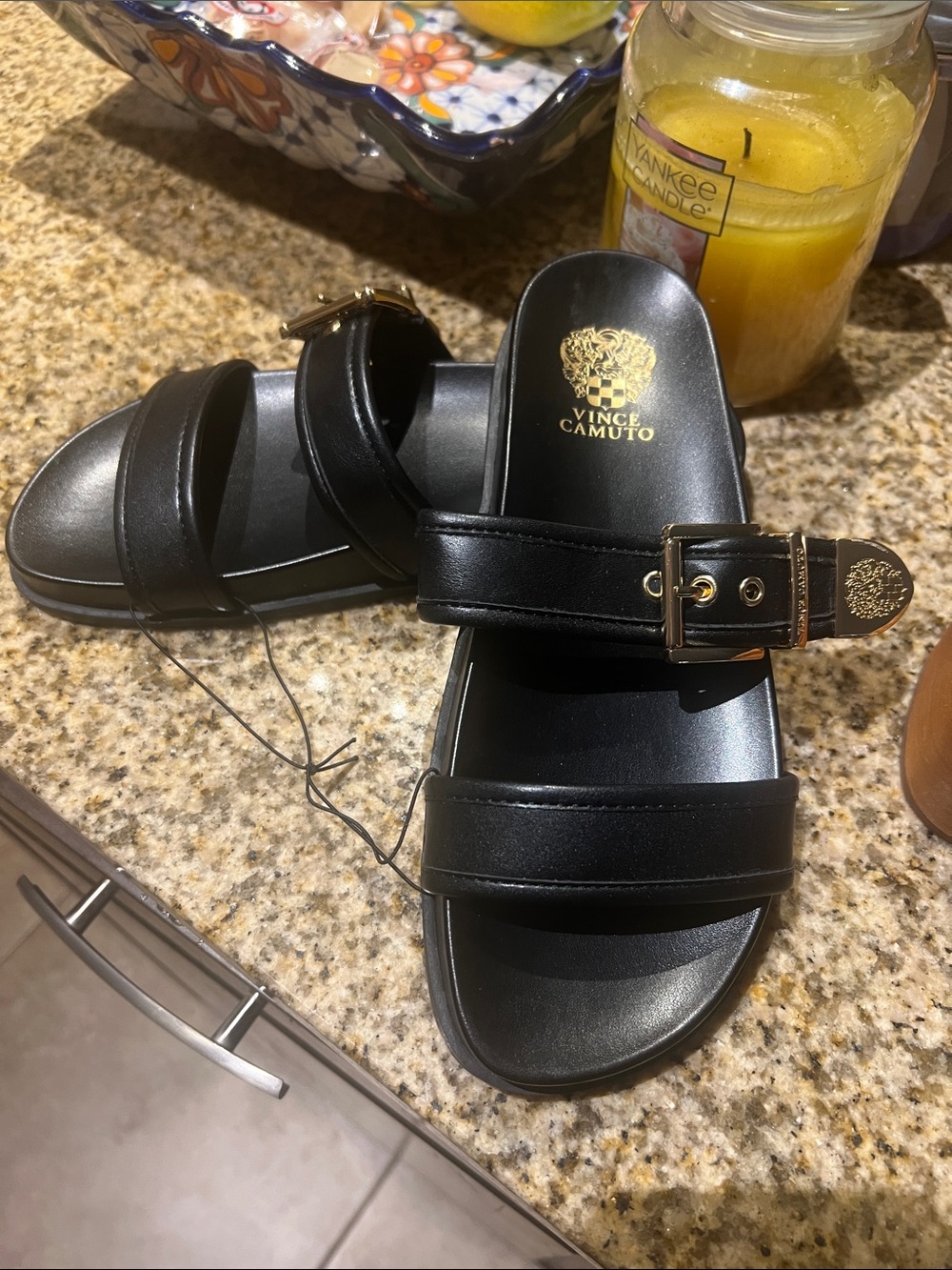 Vince Camuto Black Slide Sandals with Gold Buckle Detail